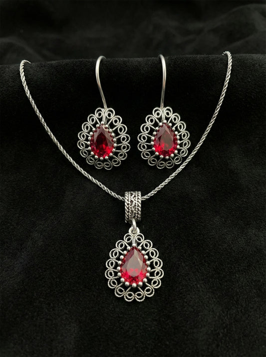 925 Ayar Gümüş Lal Taşlı Elişi Geleneksel Damla Telkari Kolye- Küpe 2'li Set