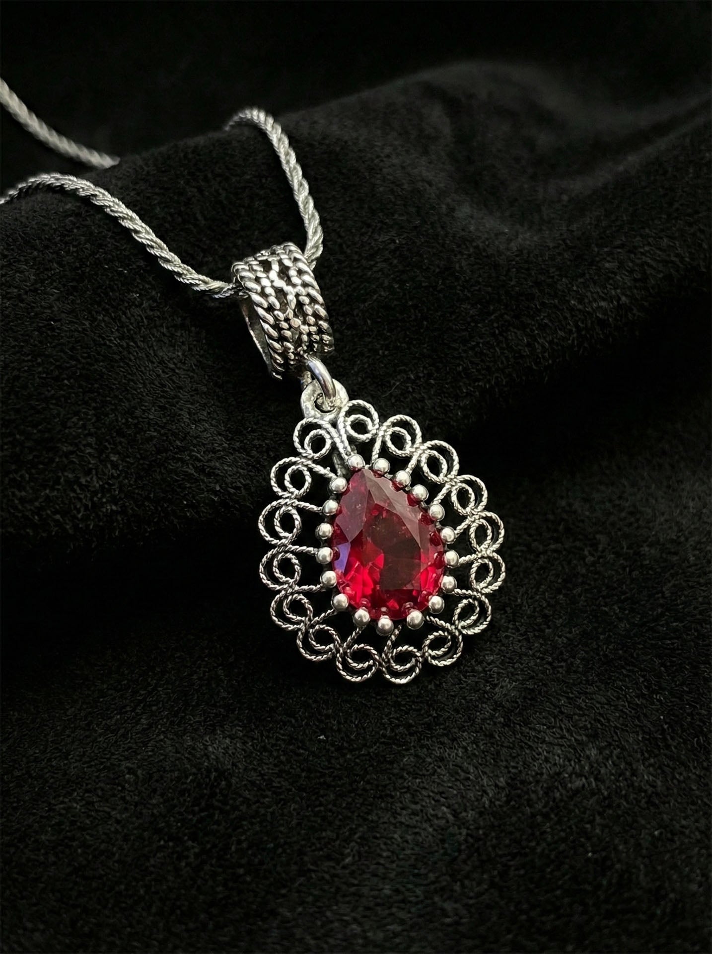 925 Ayar Gümüş Lal Taşlı Elişi Geleneksel Damla Telkari Kolye- Küpe 2'li Set