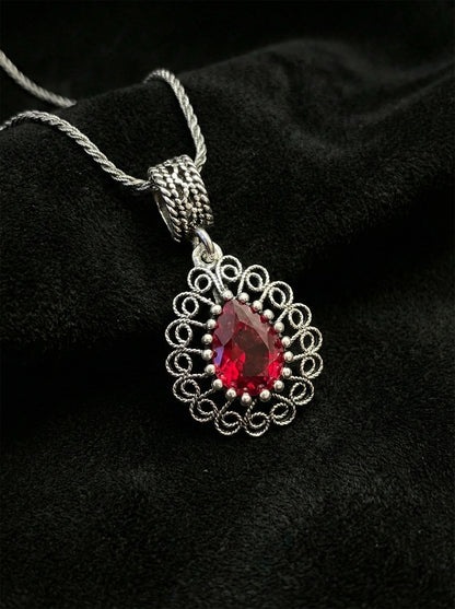 925 Ayar Gümüş Lal Taşlı Elişi Geleneksel Damla Telkari Kolye- Küpe 2'li Set