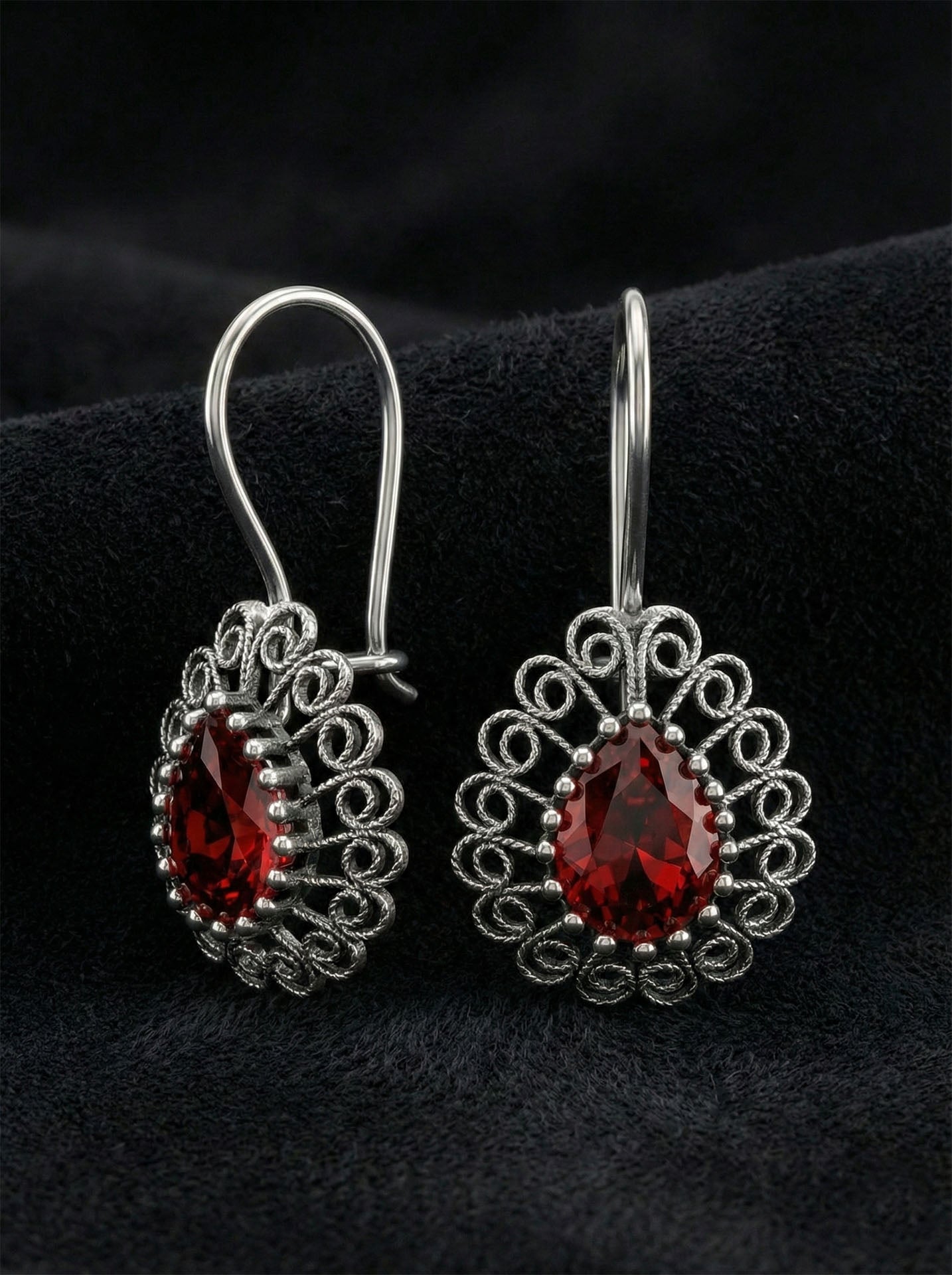 925 Ayar Gümüş Lal Taşlı Elişi Geleneksel Damla Telkari Kolye- Küpe 2'li Set