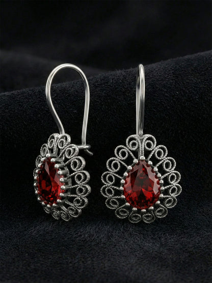 925 Ayar Gümüş Lal Taşlı Elişi Geleneksel Damla Telkari Kolye- Küpe 2'li Set