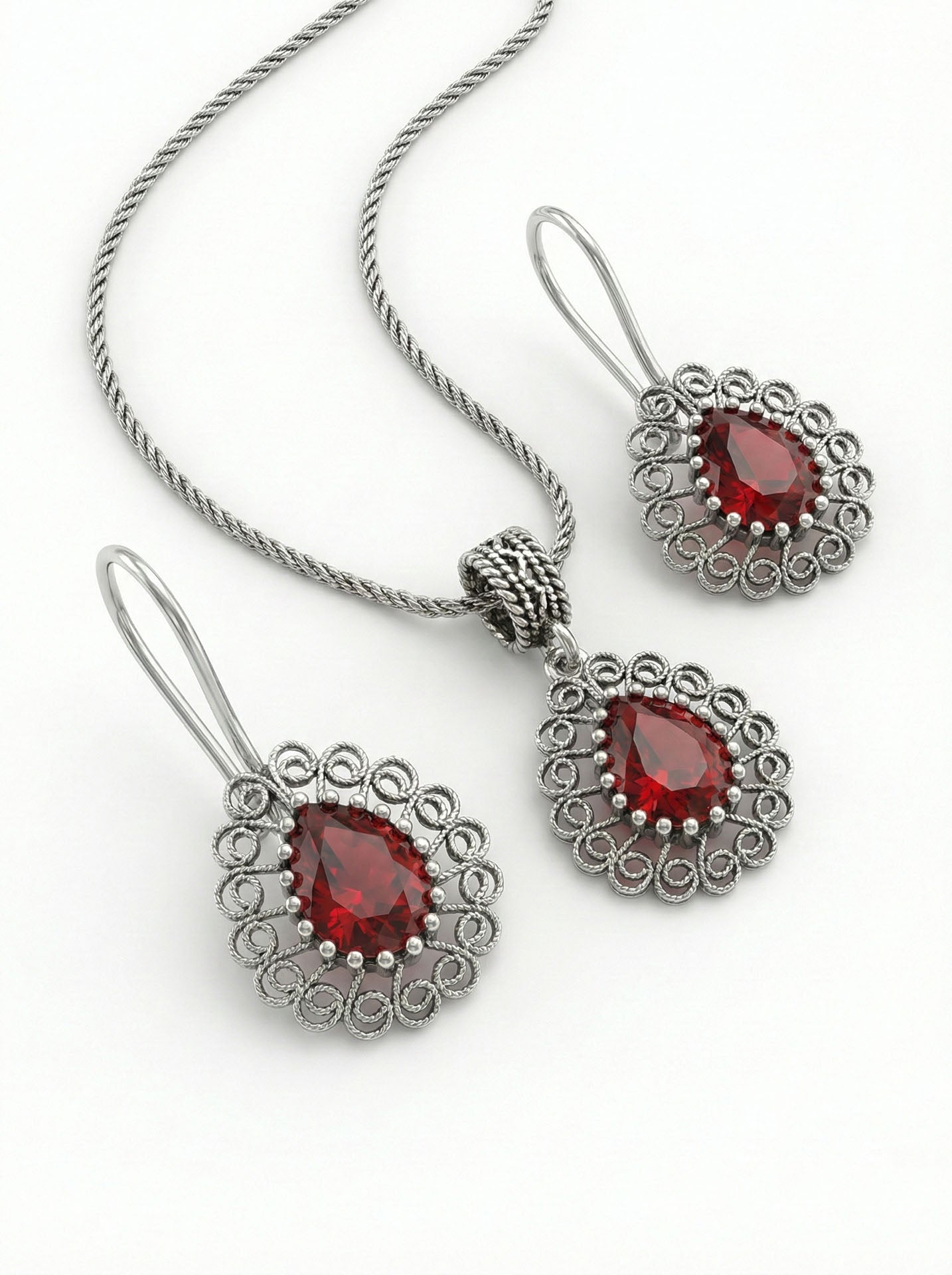 925 Ayar Gümüş Lal Taşlı Elişi Geleneksel Damla Telkari Kolye- Küpe 2'li Set