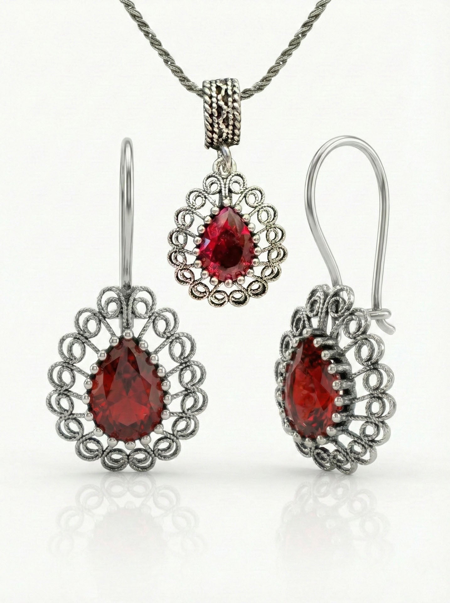 925 Ayar Gümüş Lal Taşlı Elişi Geleneksel Damla Telkari Kolye- Küpe 2'li Set