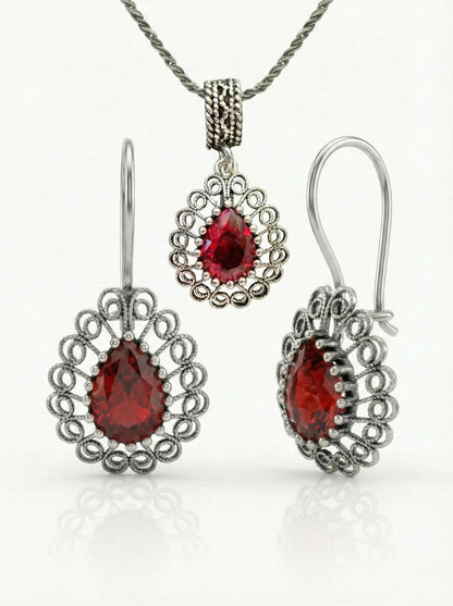 925 Ayar Gümüş Lal Taşlı Elişi Geleneksel Damla Telkari Kolye- Küpe 2'li Set