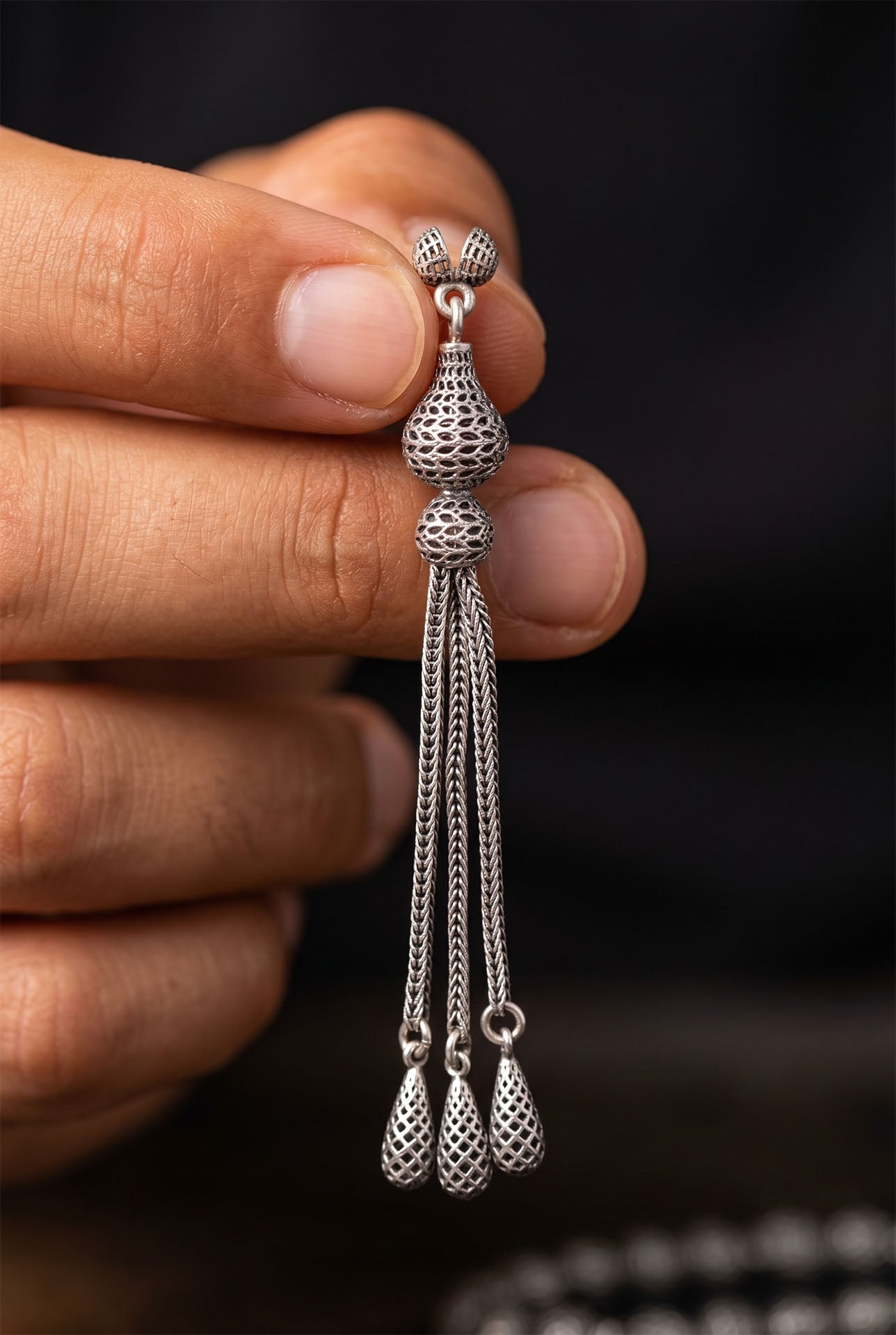 925 Ayar Gümüş Otantik İşleme Armut Model 3lü Zincir Tesbih Püskülü