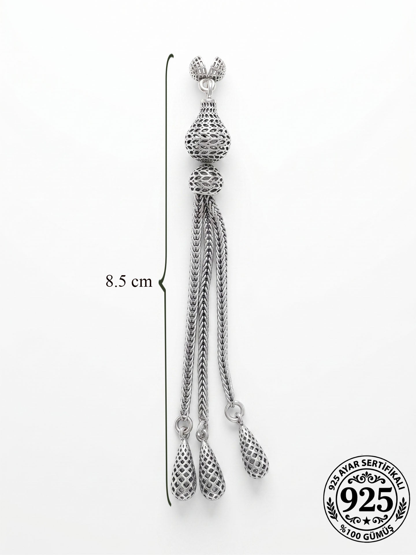 925 Ayar Gümüş Otantik İşleme Armut Model 3lü Zincir Tesbih Püskülü