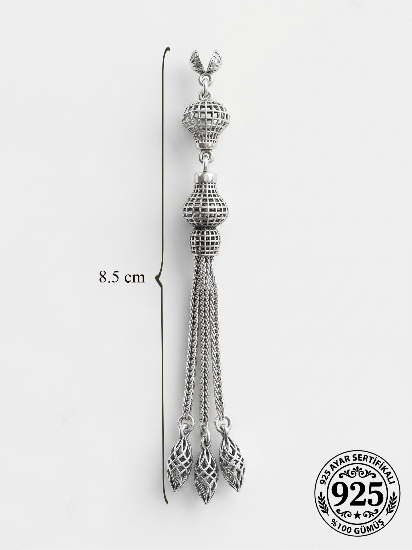 925 Ayar Gümüş Otantik İşleme Balon Kafes 3lü Zincir Tesbih Püskülü