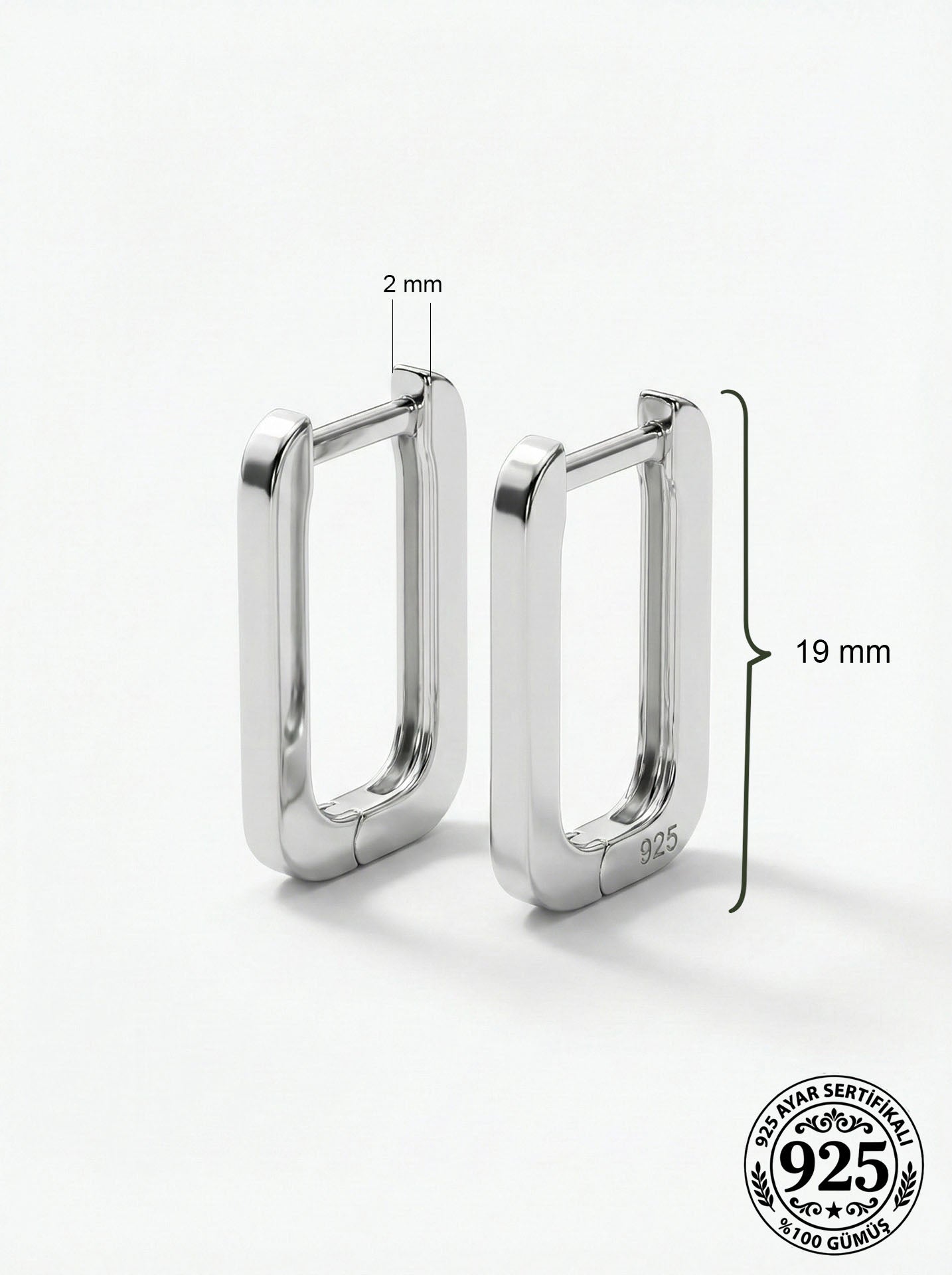 925 Ayar Gümüş Rodyum Kaplama Dikdörtgen Huggie Halka Küpe - Büyük Boy (2mm En)