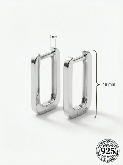 925 Ayar Gümüş Rodyum Kaplama Dikdörtgen Huggie Halka Küpe - Büyük Boy (2mm En)
