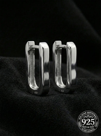 925 Ayar Gümüş Rodyum Kaplama Dikdörtgen Huggie Halka Küpe - Büyük Boy (3mm En)