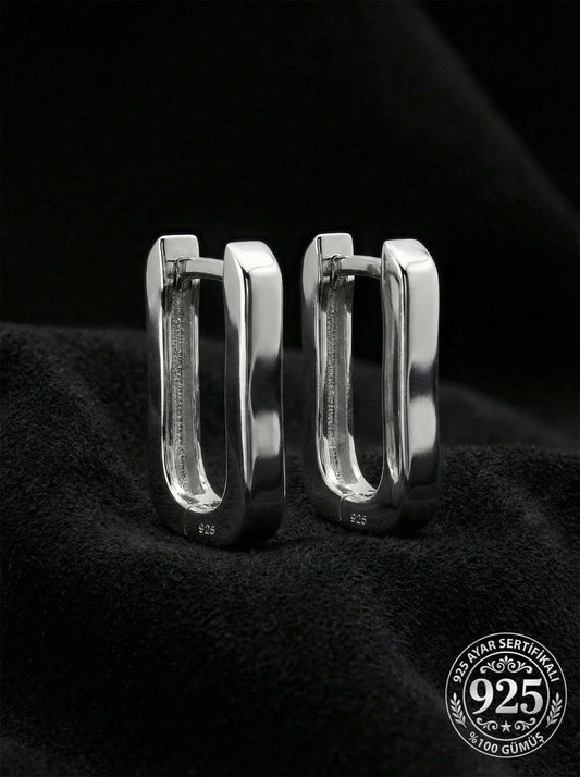 925 Ayar Gümüş Rodyum Kaplama Dikdörtgen Huggie Halka Küpe - Büyük Boy (3mm En)