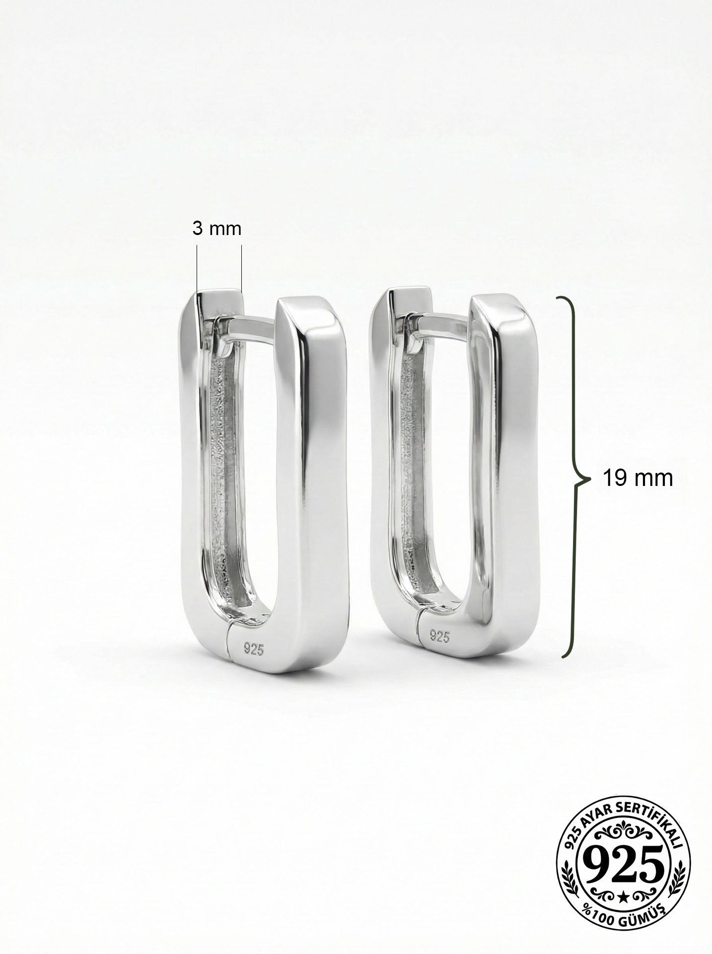925 Ayar Gümüş Rodyum Kaplama Dikdörtgen Huggie Halka Küpe - Büyük Boy (3mm En)
