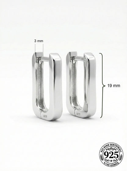 925 Ayar Gümüş Rodyum Kaplama Dikdörtgen Huggie Halka Küpe - Büyük Boy (3mm En)