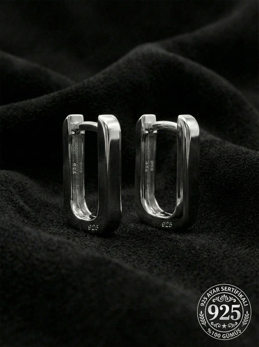 925 Ayar Gümüş Rodyum Kaplama Dikdörtgen Huggie Halka Küpe - Küçük Boy (3mm En)