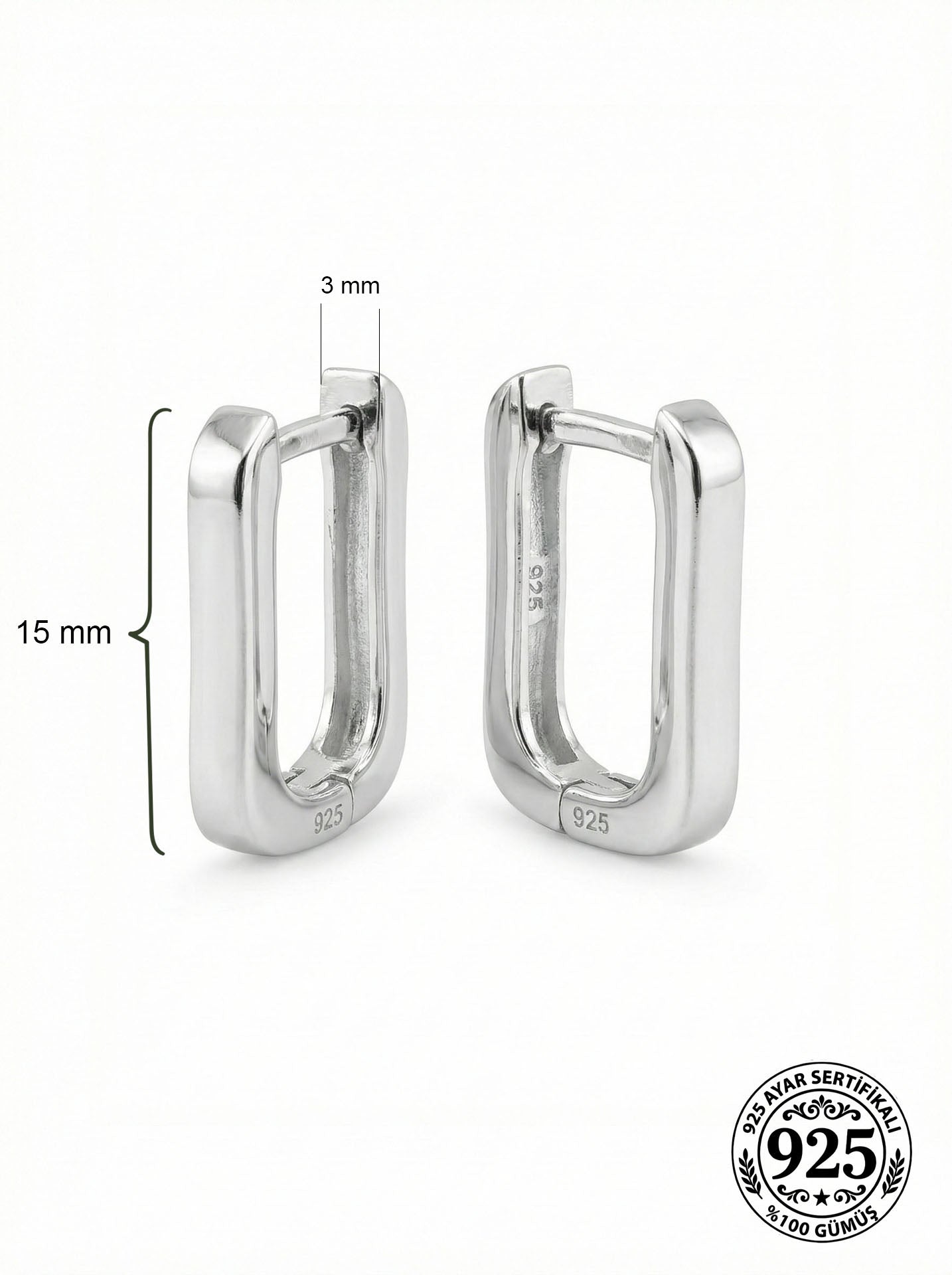 925 Ayar Gümüş Rodyum Kaplama Dikdörtgen Huggie Halka Küpe - Küçük Boy (3mm En)