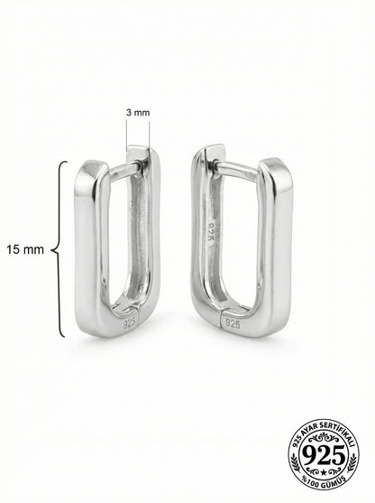 925 Ayar Gümüş Rodyum Kaplama Dikdörtgen Huggie Halka Küpe - Küçük Boy (3mm En)