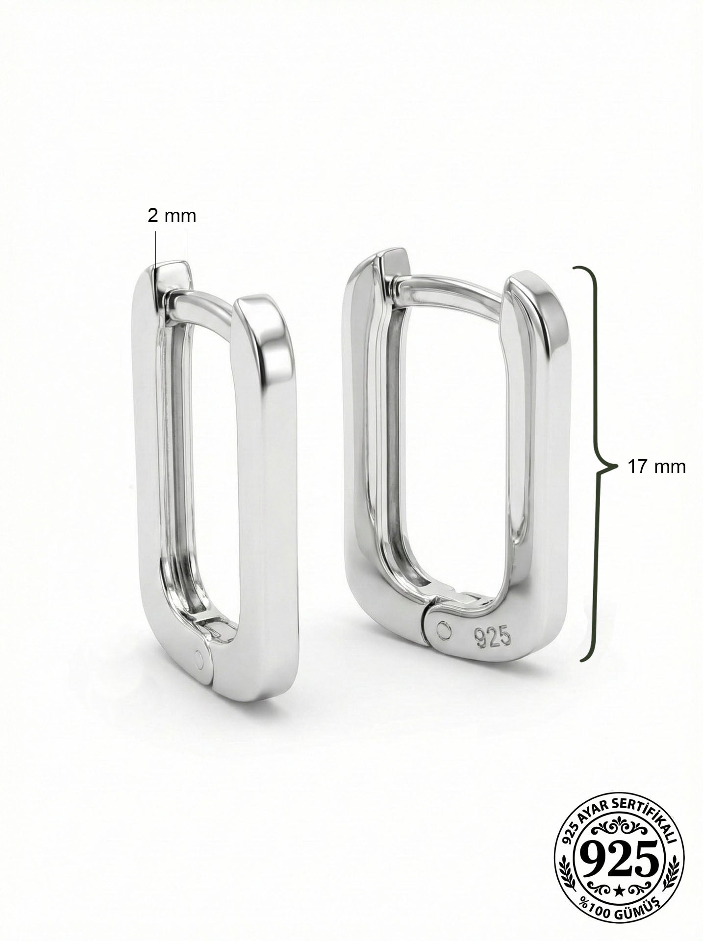 925 Ayar Gümüş Rodyum Kaplama Dikdörtgen Huggie Halka Küpe - Orta Boy (2mm En)