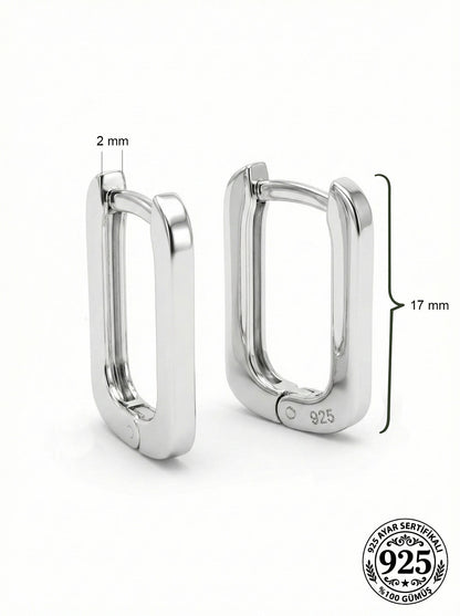 925 Ayar Gümüş Rodyum Kaplama Dikdörtgen Huggie Halka Küpe - Orta Boy (2mm En)