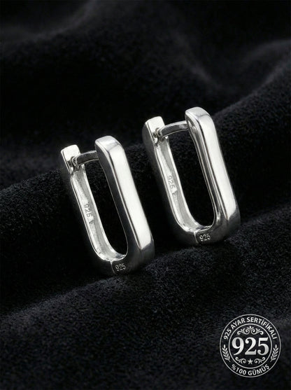 925 Ayar Gümüş Rodyum Kaplama Dikdörtgen Huggie Halka Küpe - Orta Boy (3mm En)