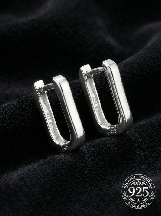 925 Ayar Gümüş Rodyum Kaplama Dikdörtgen Huggie Halka Küpe - Orta Boy (3mm En)