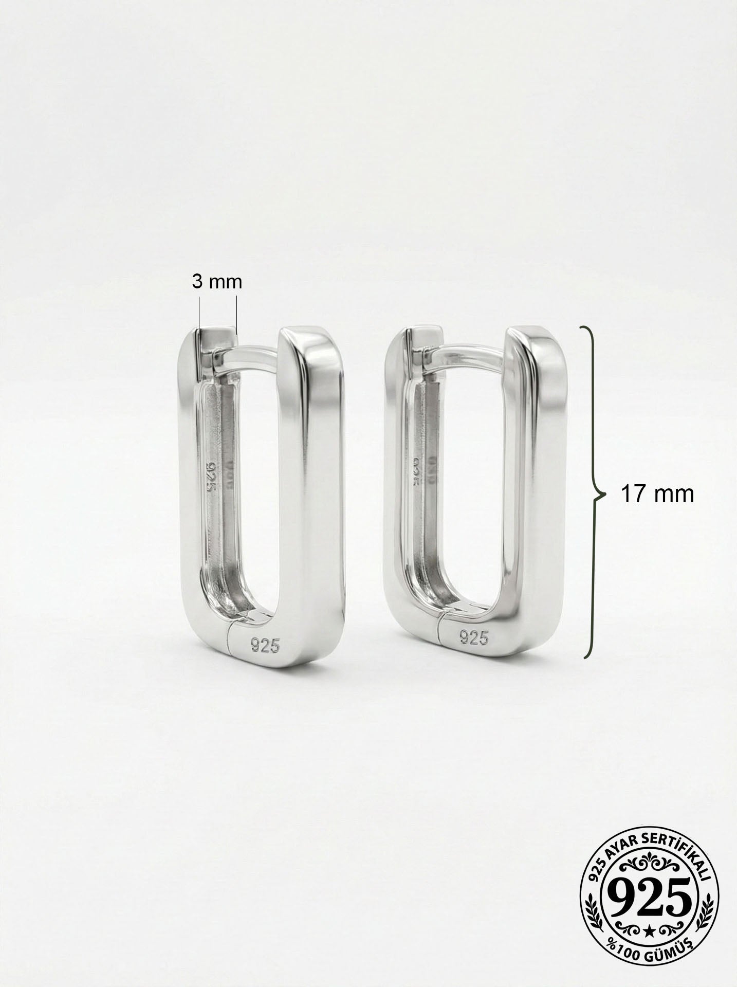 925 Ayar Gümüş Rodyum Kaplama Dikdörtgen Huggie Halka Küpe - Orta Boy (3mm En)