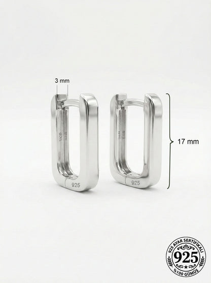 925 Ayar Gümüş Rodyum Kaplama Dikdörtgen Huggie Halka Küpe - Orta Boy (3mm En)