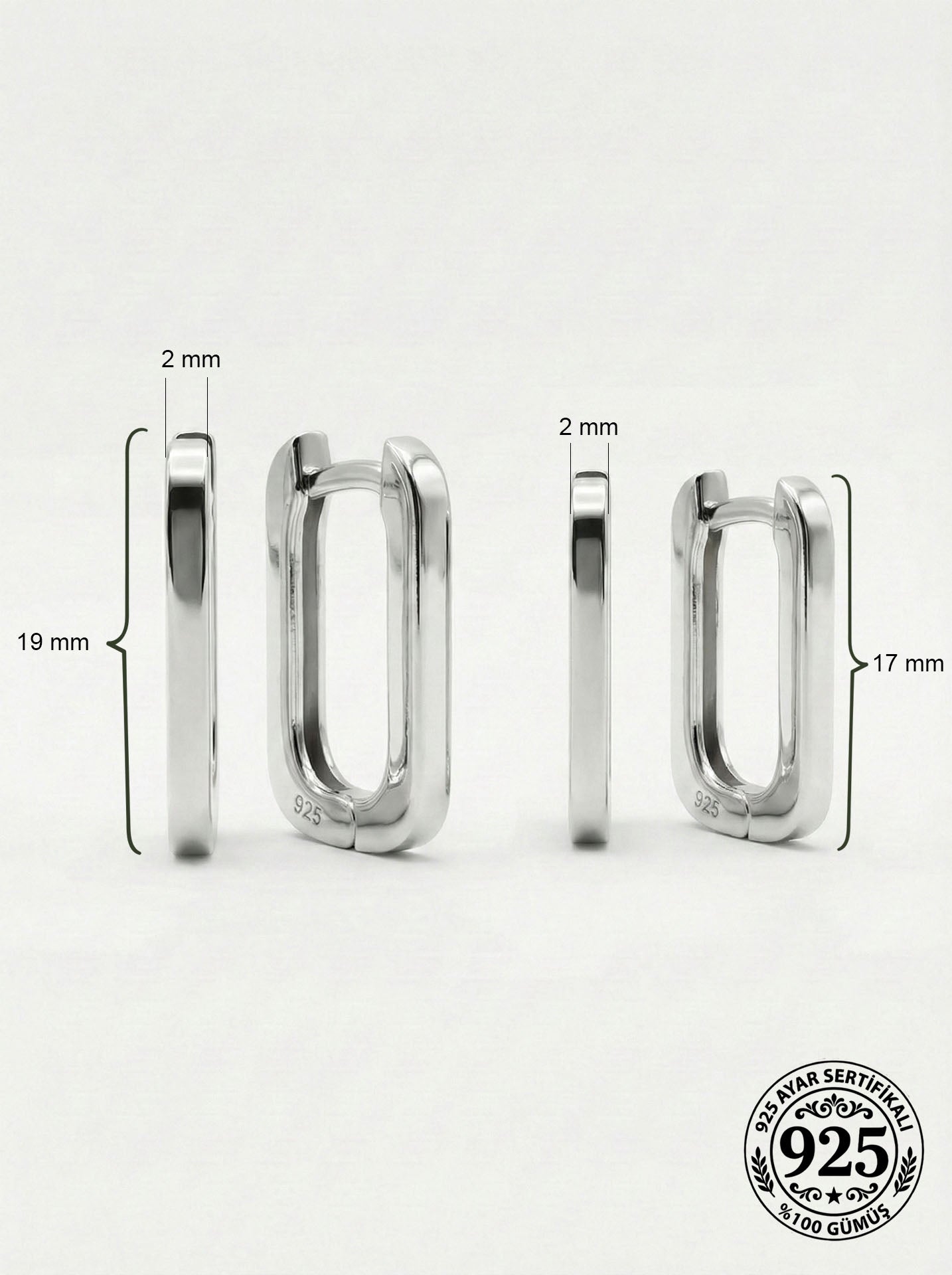 925 Ayar Gümüş Rodyum Kaplama Dikdörtgen Huggie Halka Küpe Seti 2'li Çift - (Büyük-Orta 2mm En)