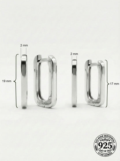 925 Ayar Gümüş Rodyum Kaplama Dikdörtgen Huggie Halka Küpe Seti 2'li Çift - (Büyük-Orta 2mm En)