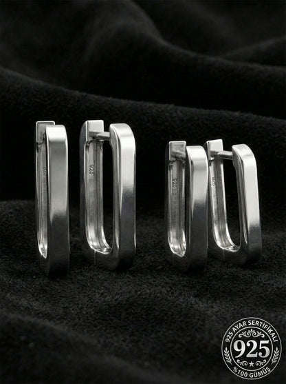925 Ayar Gümüş Rodyum Kaplama Dikdörtgen Huggie Halka Küpe Seti 2'li Çift - (Orta-Küçük 3mm En)