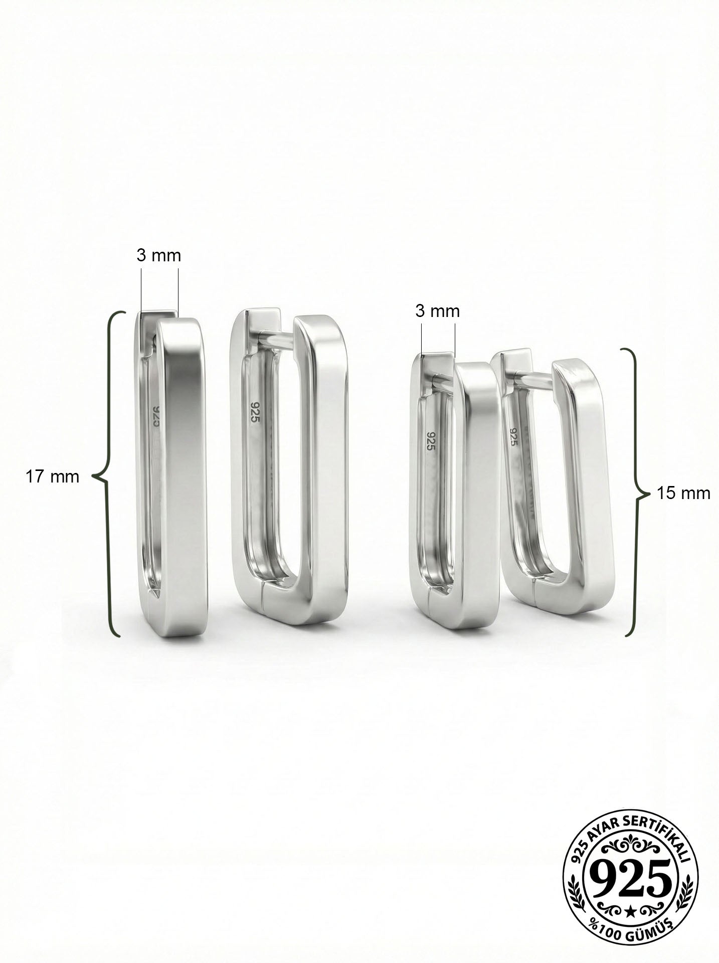 925 Ayar Gümüş Rodyum Kaplama Dikdörtgen Huggie Halka Küpe Seti 2'li Çift - (Orta-Küçük 3mm En)