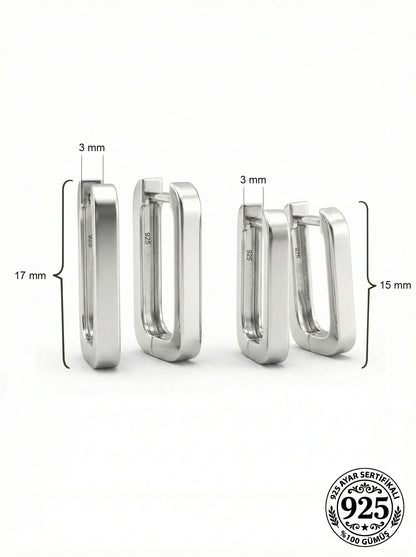 925 Ayar Gümüş Rodyum Kaplama Dikdörtgen Huggie Halka Küpe Seti 2'li Çift - (Orta-Küçük 3mm En)