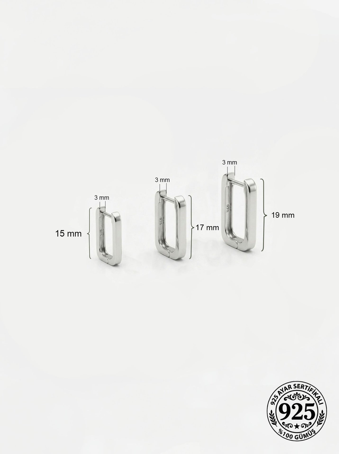925 Ayar Gümüş Rodyum Kaplama Dikdörtgen Huggie Halka Küpe Seti 3'lü Çift - (Büyük-Orta-Küçük 3mm En)