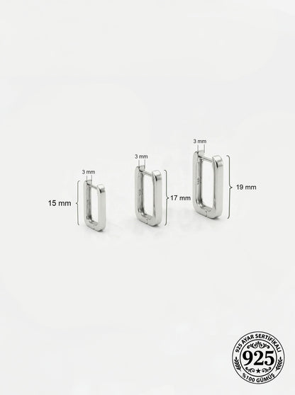 925 Ayar Gümüş Rodyum Kaplama Dikdörtgen Huggie Halka Küpe Seti 3'lü Çift - (Büyük-Orta-Küçük 3mm En)