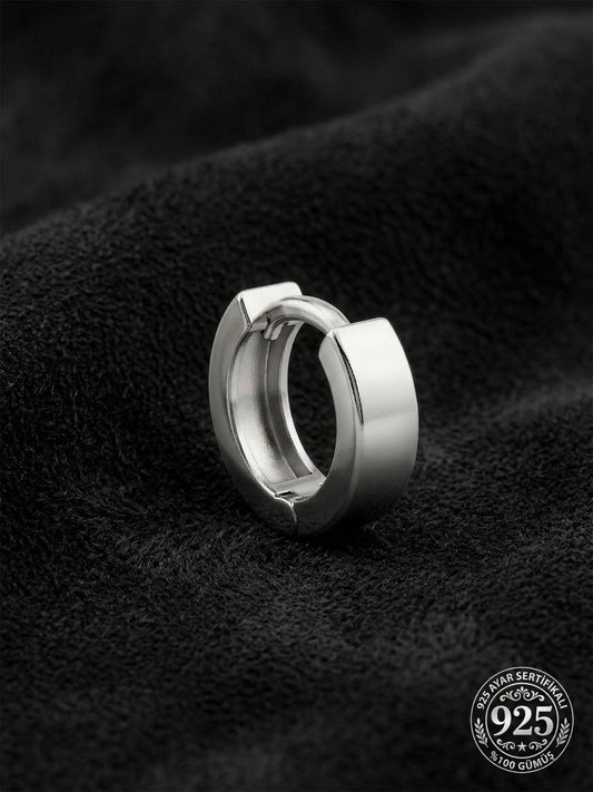 925 Ayar Gümüş Rodyum Kaplama Yuvarlak Erkek Huggie Halka Küpe - Tek (4x11mm)