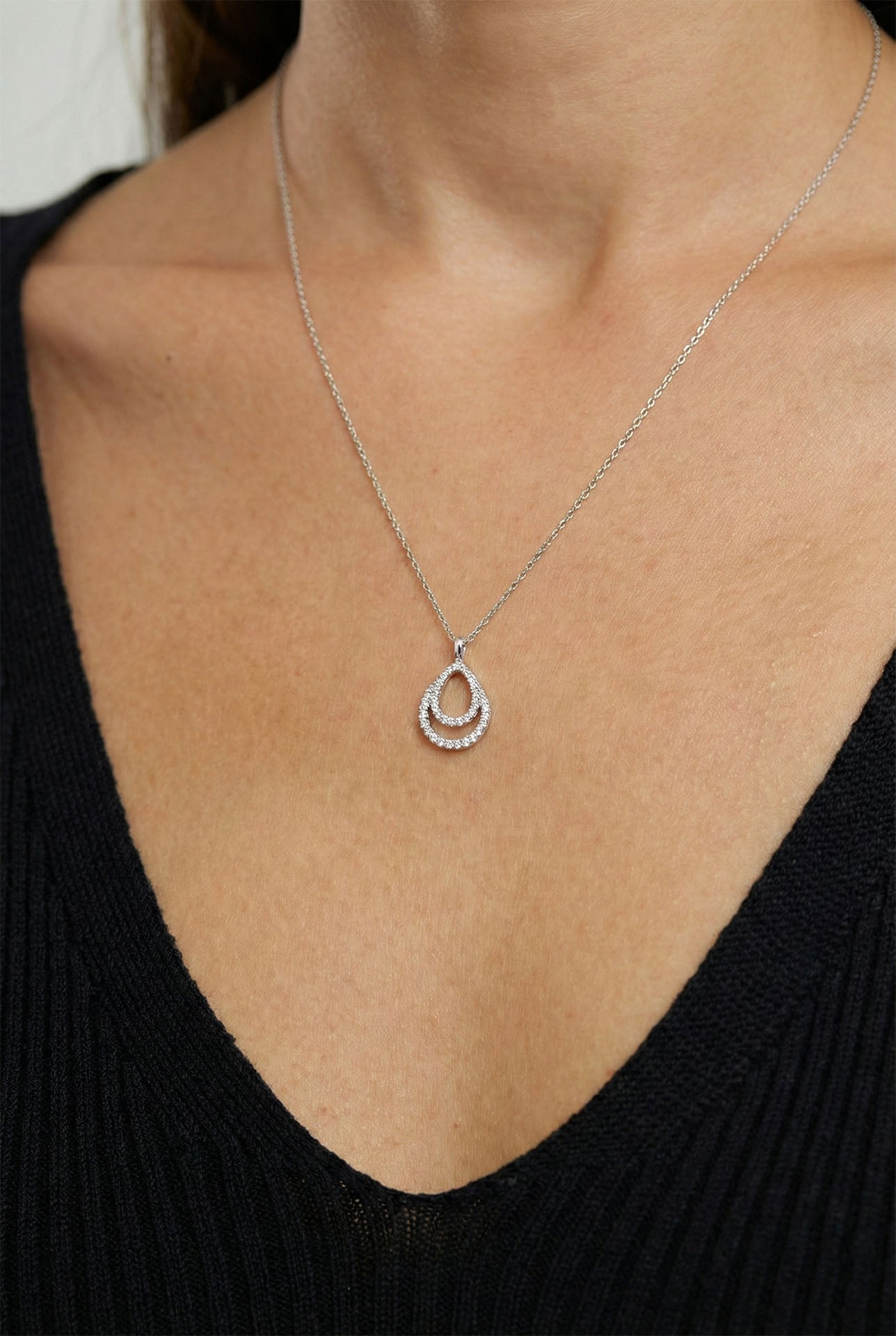 925 Ayar Gümüş Rodyum Kaplama Zirkon Taşlı Çift Katmanlı Damla Kolye
