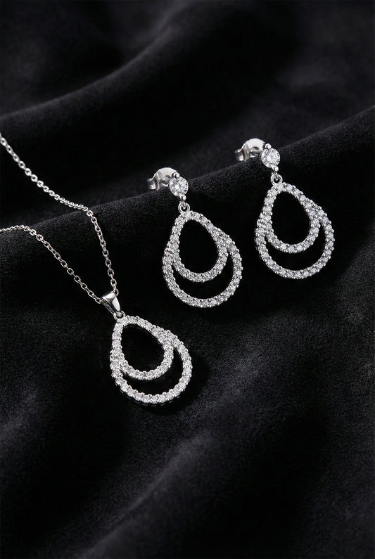 925 Ayar Gümüş Rodyum Kaplama Zirkon Taşlı Çift Katmanlı Damla Kolye-Küpe 2'li Set