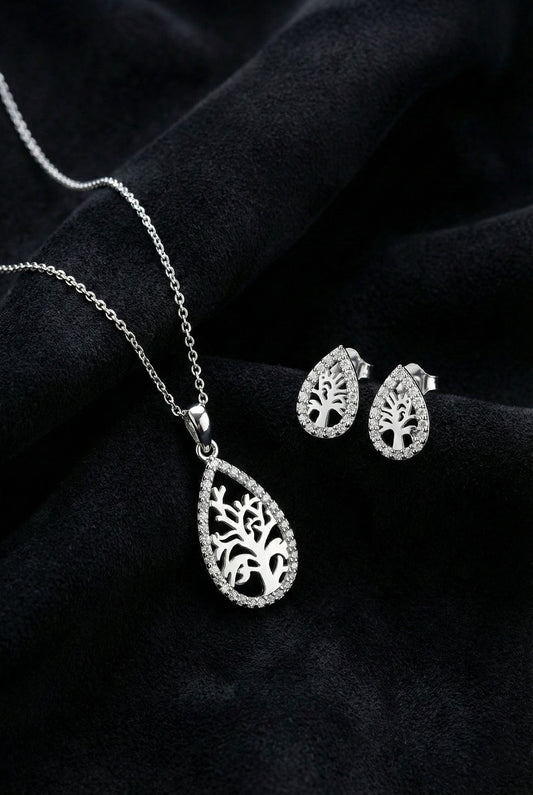 925 Ayar Gümüş Rodyum Kaplama Zirkon Taşlı Damla Hayat Ağacı Kolye-Küpe 2'li Set