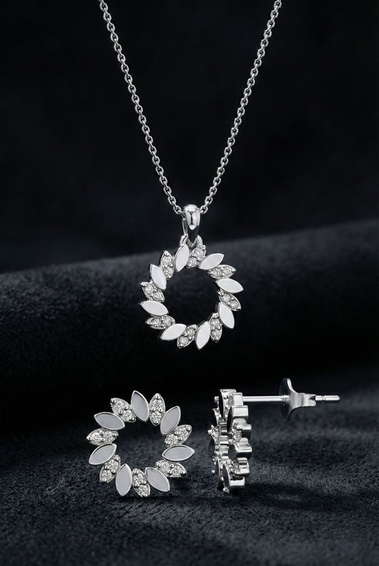 925 Ayar Gümüş Rodyum Kaplama Zirkon Taşlı Defne Yaprağı Çelenk Kolye-Küpe 2'li Set