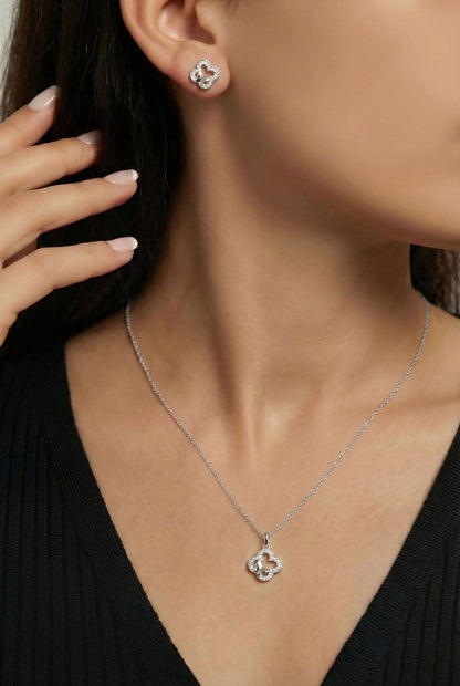 925 Ayar Gümüş Rodyum Kaplama Zirkon Taşlı Kelebek Detaylı Yonca Kolye-Küpe 2'li Set