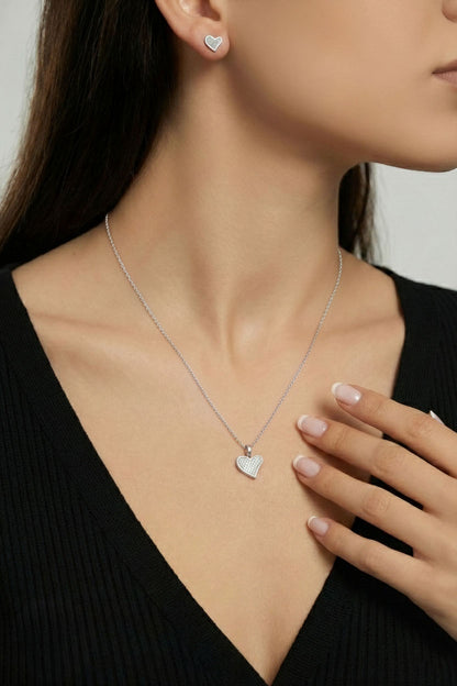 925 Ayar Gümüş Rodyum Kaplama Zirkon Taşlı Minimal Asimetrik Kalpli Kolye-Küpe 2'li Set