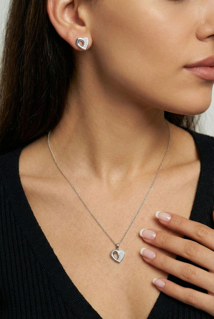 925 Ayar Gümüş Rodyum Kaplama Zirkon Taşlı Minimal Kalp Kolye-Küpe 2'li Set