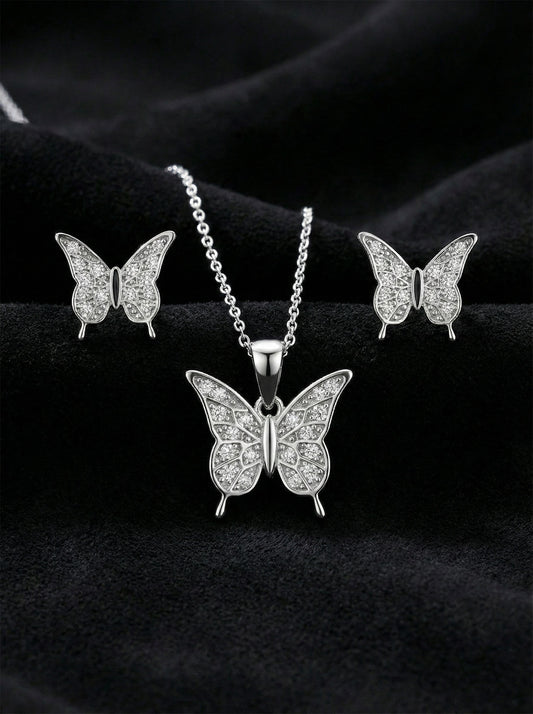 925 Ayar Gümüş Rodyum Kaplama Zirkon Taşlı Minimal Kelebek Kolye-Küpe 2'li Set