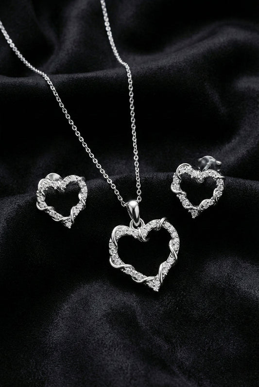 925 Ayar Gümüş Rodyum Kaplama Zirkon Taşlı Sarmaşık Detaylı Kalp Kolye-Küpe 2'li Set