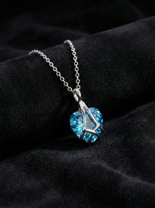 925 Ayar Gümüş Rodyum Renk Akuamarin Taşlı Kafes Kalp Arkadaşlık Kolyesi