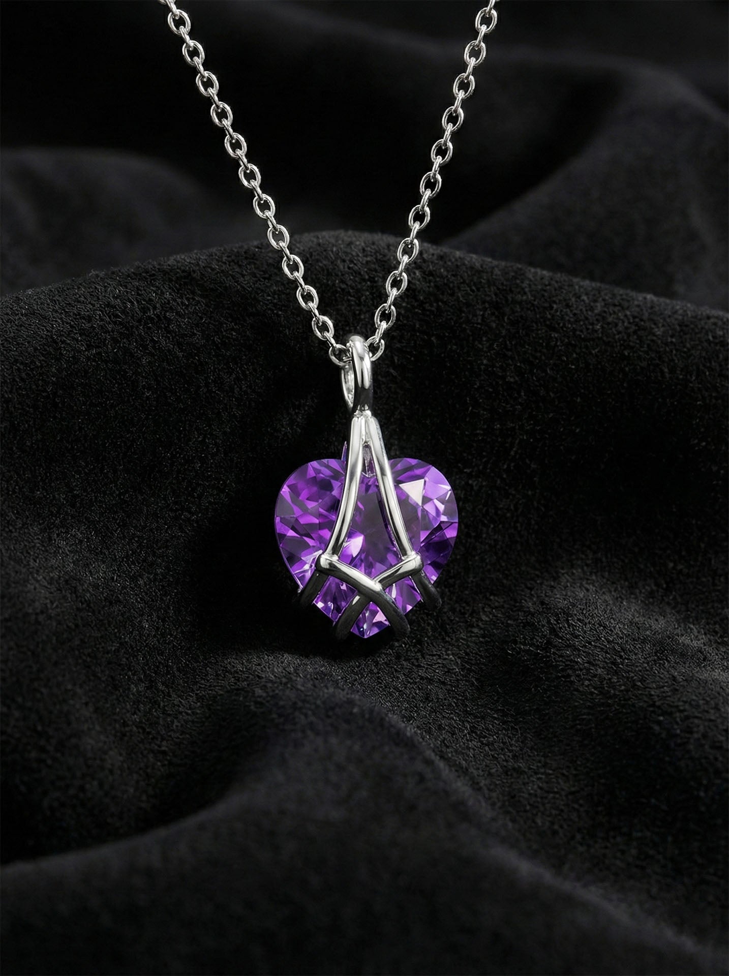 925 Ayar Gümüş Rodyum Renk Ametist Taşlı Kafes Kalp Arkadaşlık Kolyesi