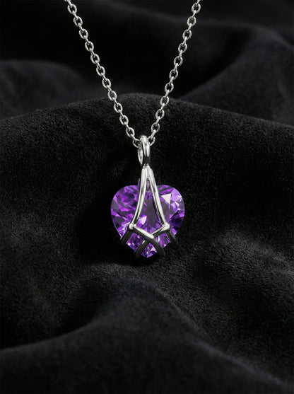 925 Ayar Gümüş Rodyum Renk Ametist Taşlı Kafes Kalp Arkadaşlık Kolyesi