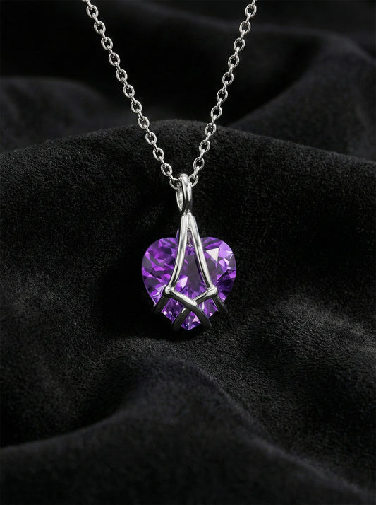 925 Ayar Gümüş Rodyum Renk Ametist Taşlı Kafes Kalp Arkadaşlık Kolyesi