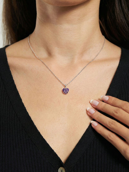 925 Ayar Gümüş Rodyum Renk Ametist Taşlı Kafes Kalp Arkadaşlık Kolyesi