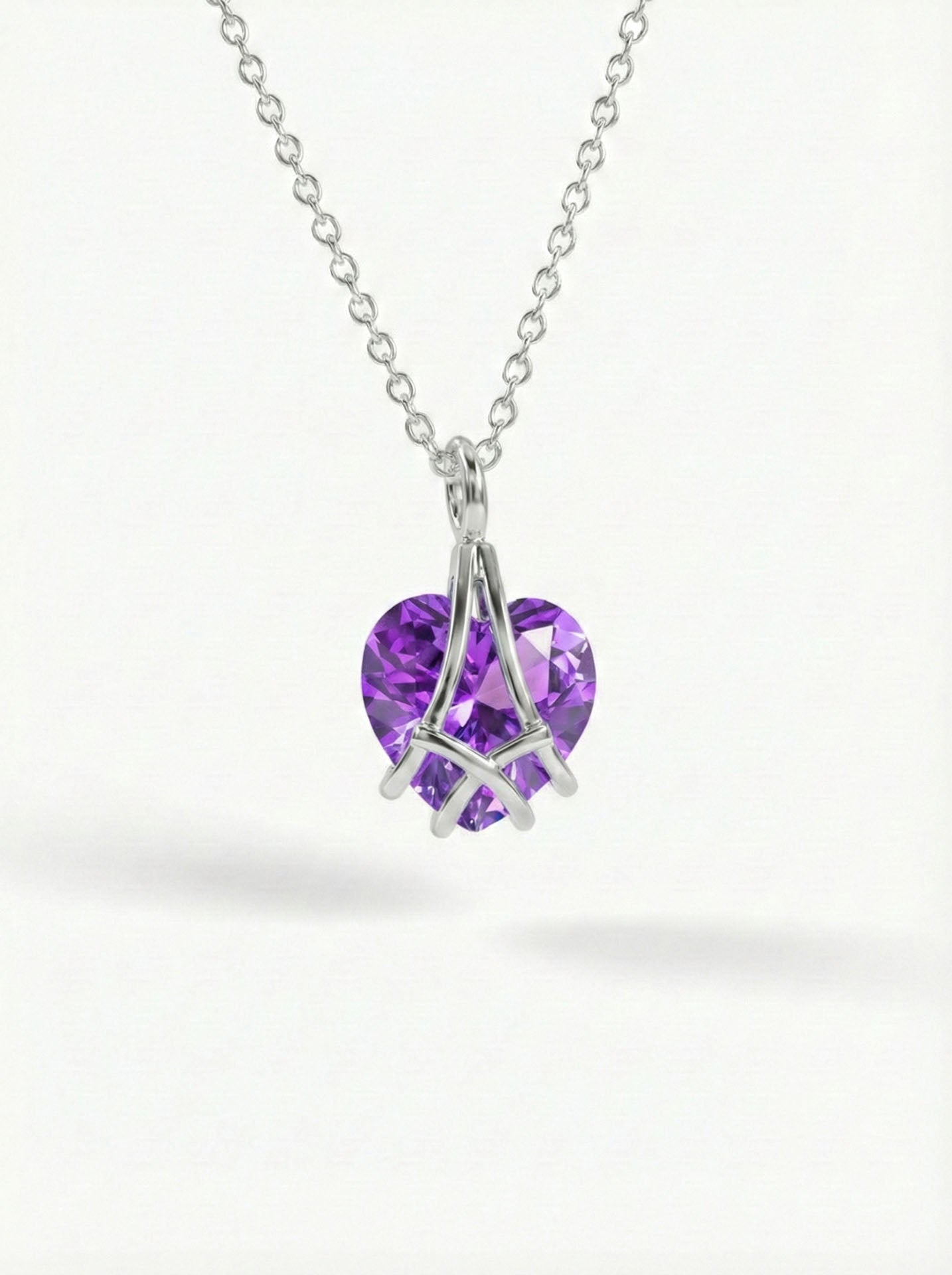 925 Ayar Gümüş Rodyum Renk Ametist Taşlı Kafes Kalp Arkadaşlık Kolyesi