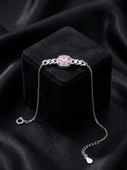 925 Ayar Gümüş Rodyum Renk Pembe Kuvars Taşlı Gurmet Zincir Detaylı Bileklik
